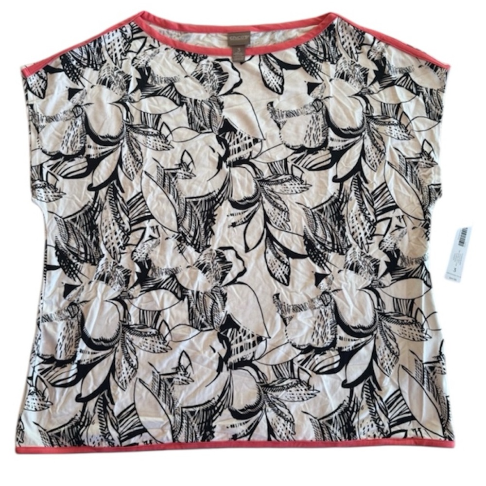 Chico's Stella Boat Neck in Placed Blooms Black and White Graphic Top Size 3 NWT